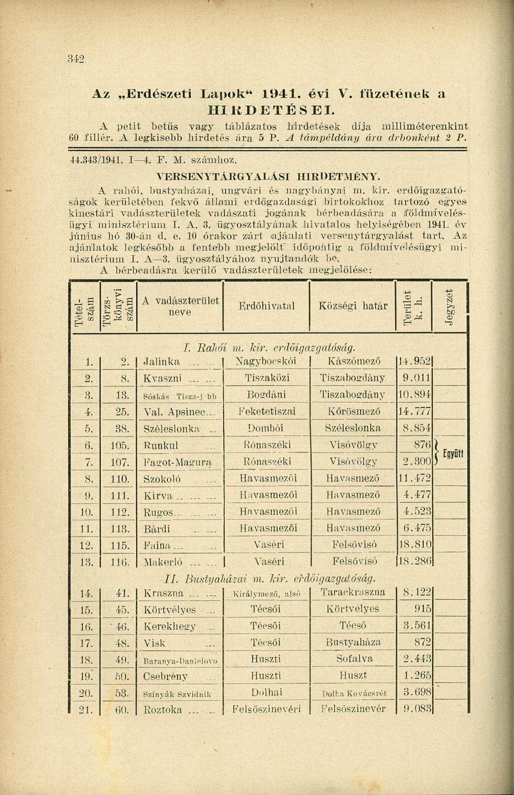 342 Az Erdészeti Lapok" 1941. évi V. füzetének a Hl KDETÉSEI. A petit betűs vagy táblázatos hirdetések díja milliméterenkint 60 fillér. A legkisebb hirdetés ára 5 P. i támpéldány ára drbonként 2 P.