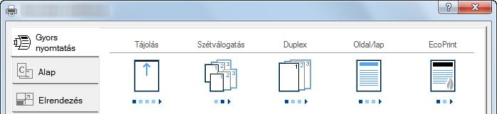 Printing System Driver User Guide 1 3 2 Szám 1 [Gyors nyomtatás] fül Leírás Olyan ikonokat biztosít, amelyek segítségével egyszerűen konfigurálhatók a gyakran használt funkciók.