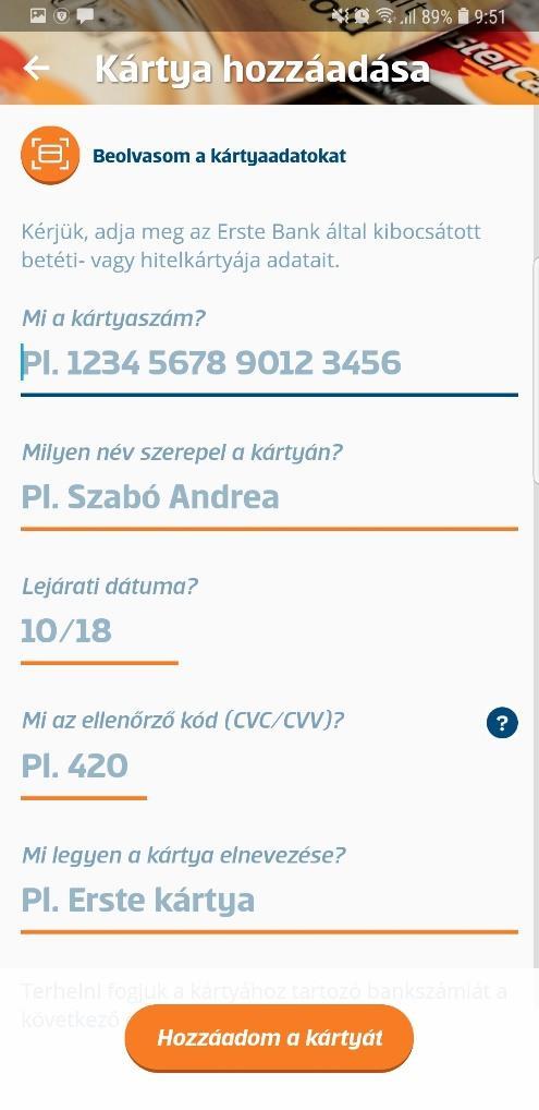 A bal oldali menü Bankkártyáim menüpontjában a Hozzáadom a kártyám, vagy az alkalmazás regisztrációs folyamatban lévő kártyaregisztráció megnyomásával megjelenik a Kártya regisztrációs folyamat első