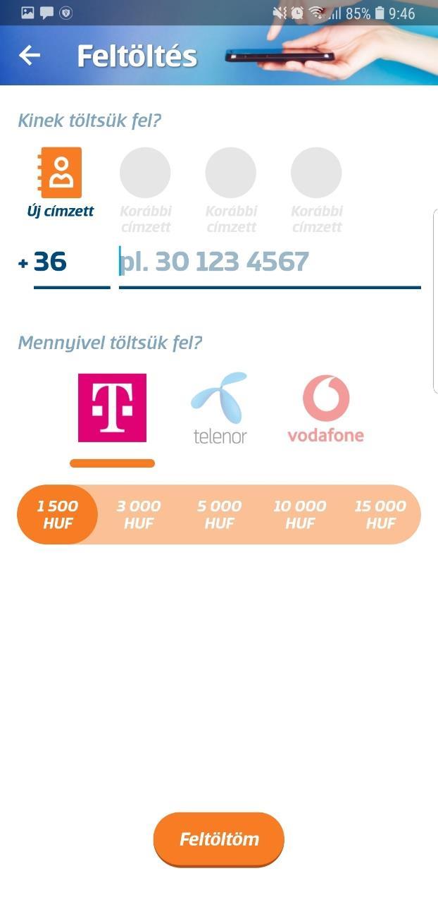 4.4. Feltöltés Az alkalmazáson keresztül feltöltheti mobiltelefonjának egyenlegét a következő szolgáltatóknál: Telenor Telekom Vodafone A Feltöltés indításához válasszon telefonkönyve meglévő