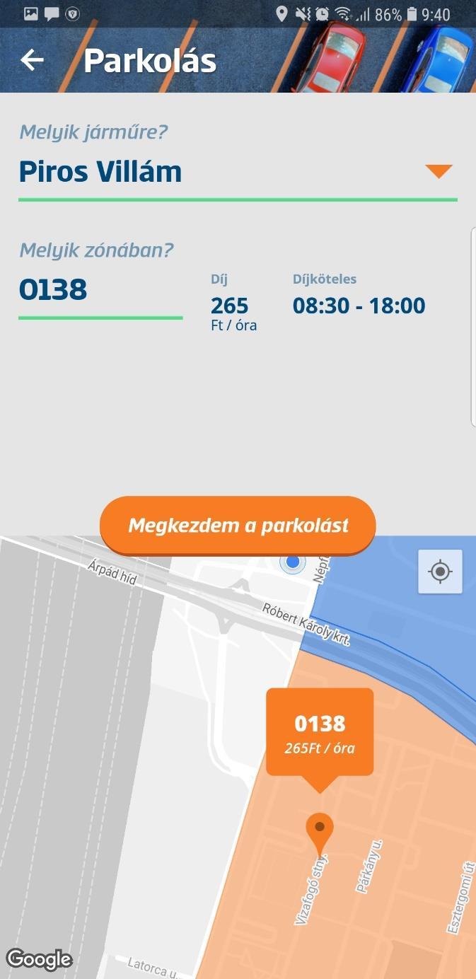 Válassza ki, melyik járműre kíván parkolást indítani. Amennyiben a jármű nincs a listában, lehetősége van itt is felvenni.