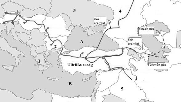 11. Oldja meg a Törökországgal és a térséggel kapcsolatos feladatokat! A térkép a létező, az épülő és a tervezett földgázvezetékeket mutatja. a) Nevezze meg a térképen számokkal jelölt országokat! 1.