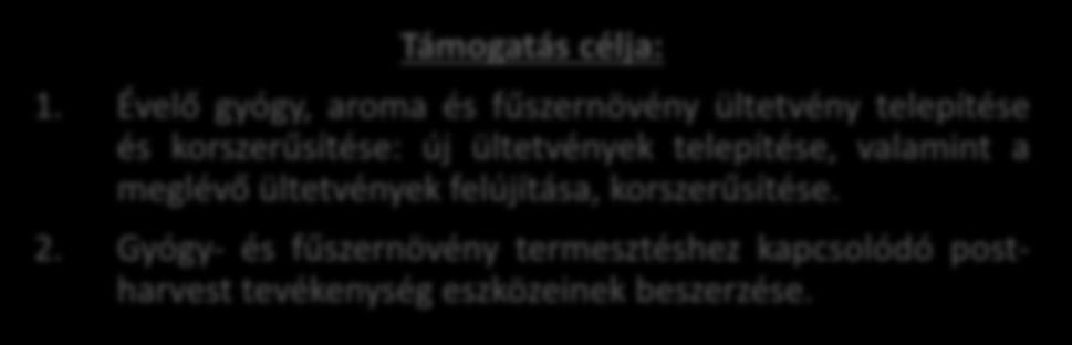 Gyógy- és fűszernövény termesztés fejlesztése Keretösszeg: 3 Mrd Ft Megjelenés: 2016. február 1. Támogatási kérelmek benyújtása: 2016. március 3. 2018. március 2. Jelenleg is pályázható!