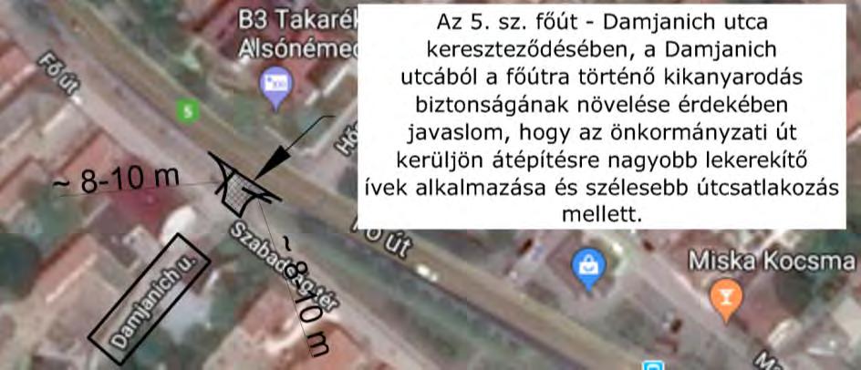 Forgalomtechnikai anyagszükséglet: Nincs. 18. ábra: Damjanich utca - Fő út kereszteződésének átépítése 3.1.8. 5.