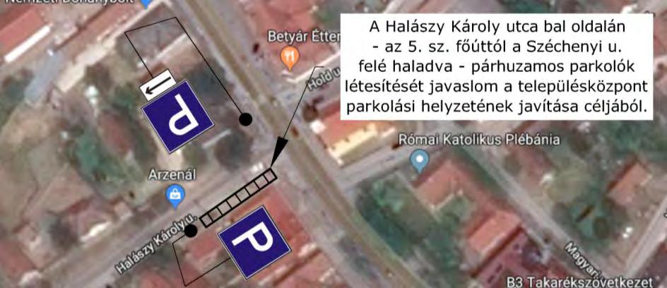 párhuzamos parkolósávot építsen ki a 41. ábra szerint, és ezek a parkolóhelyek az 5. sz. főúton is kerüljenek előjelzésre.