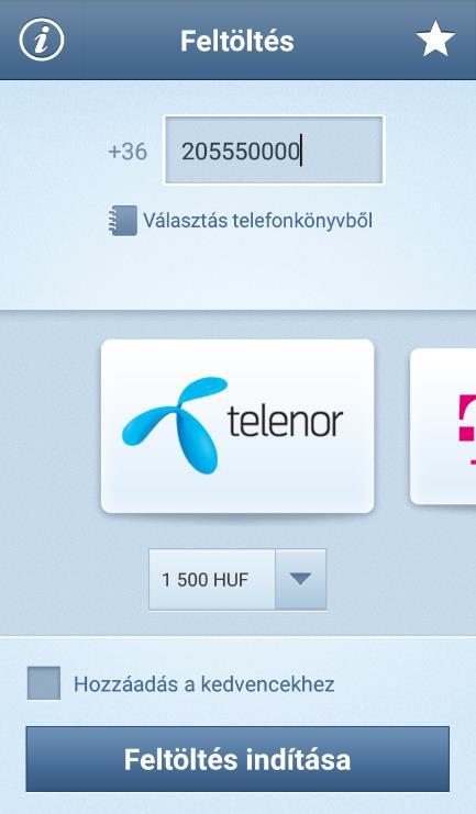 5.4. Feltöltés Az alkalmazáson keresztül feltöltheti mobiltelefonjának egyenlegét a következő szolgáltatóknál: Telenor Telekom Vodafone A Feltöltés indításához válasszon telefonkönyve meglévő