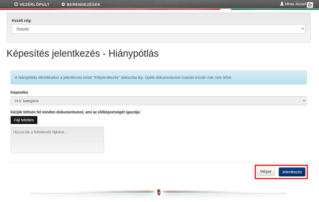 20 A dokumentumok feltöltése után kattintson a Jelentkezés gombra.
