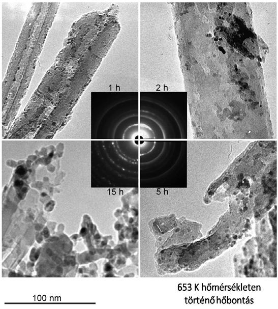 Különböző ideig 653 K hőmérsékleten levegőben kalcinált Ni(acac) 2 /CNT nanokompozitok TEM képei In situ TEM vizsgálatokat is végeztünk.
