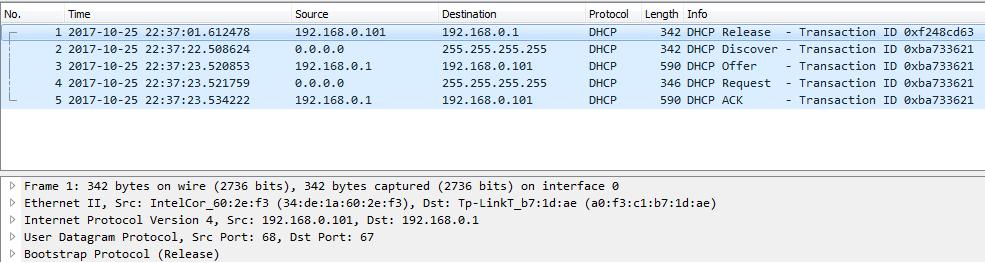 Tekintsük meg az e mögött álló üzenetváltásokat Wireshark-ban! 14. ábra Wireshark DHCP üzenetváltás Indítsunk azzal, hogy a DHCP-re történő megjelenítési szűrő nem egészen triviális.