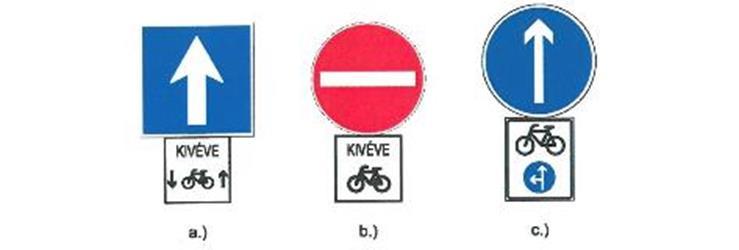 83. ábra - Kerékpárosok számára ellenirányban megnyitott egyirányú utca jelzései Ezenkívül célszerű az ellenirányt jelölő kerékpáros nyomokat is felfesteni, illetve burkolati jellel, esetleg épített