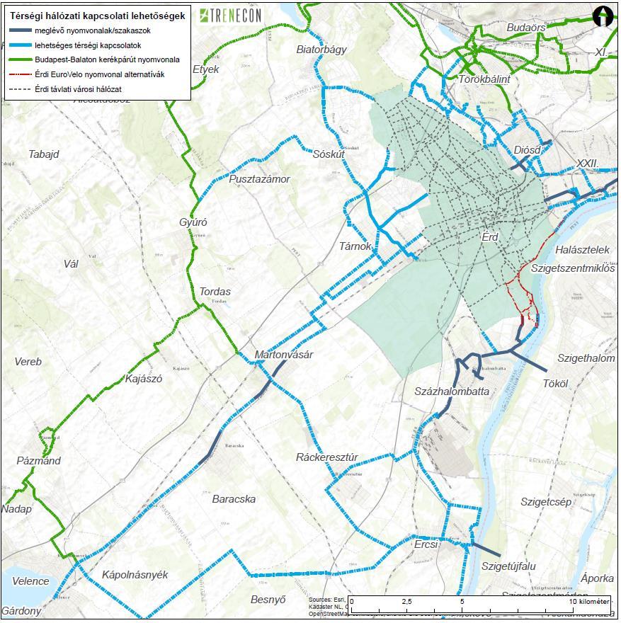 106. ábra Az érdi városi hálózat külső kapcsolati lehetőségei, egy távlati térségi hálózati, mely elsősorban a szabadidős kerékpározás fejlesztését célozza A térségi nyomvonalak kidolgozása