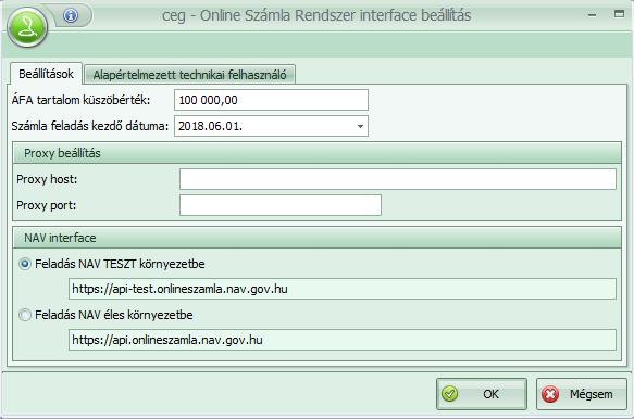 Online Számla Rendszer interface beállítása Főmenü Számlakészítés Online számla rendszer Karbantartás Beállítások ablak ÁFA tartalom mértéke: 100 000,00,- Ft a törvényileg előírt mérték, de ez