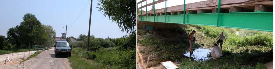 271 3. ábra /1.: Terepjáró a Mindszenti-patak hídján a mintavételezés közben. /2: Tanakodás dokumentálás közben. /3: Facölöpön állva. /4: Az új Pinka-híd építése (Fotók: Ilon Gábor) Fig.3. /1.: Field survey and sampling on the current bridge of the Mindszent-stream.