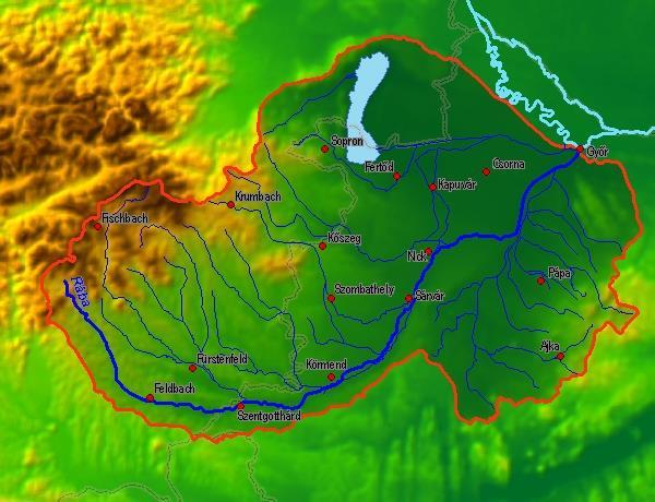 Modell ismertetés A Rába vízgyűjtője Nemzetközi vízgyűjtő Hegy-, dombvidéki-, síkvidéki terület (3084 4734 5566 10113 km2) Nagy sűrűségű vízfolyáshálózat Extrém lefolyási körülmények Heves árvizek