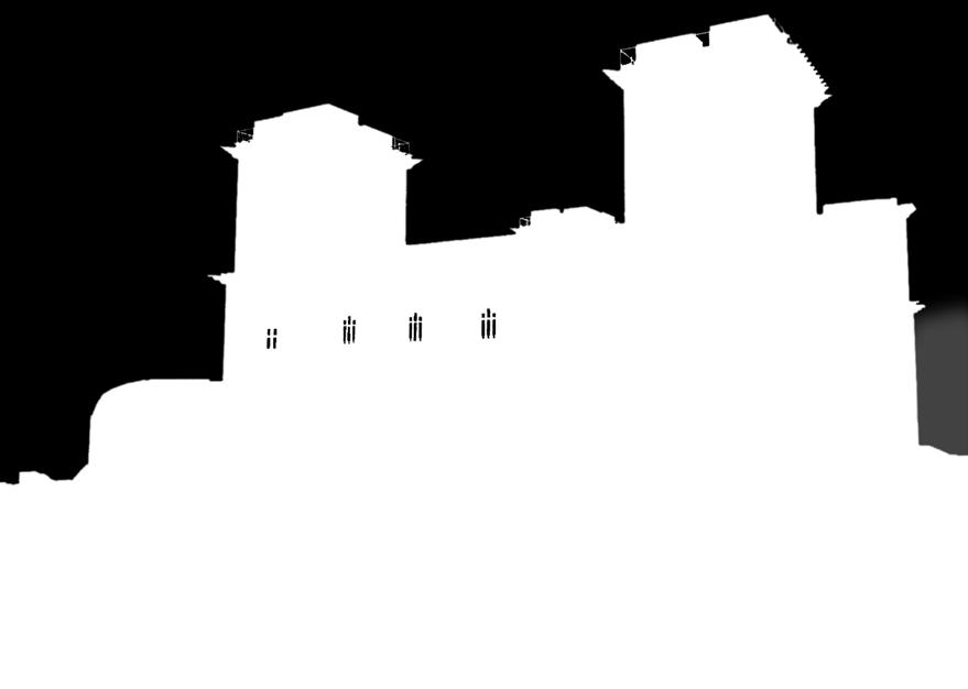 Palotaszárnyak A négy, egyemeletes palotaszárny közül három épül meg: az északi a lovagteremmel, a keleti a kápolnával és a királyi lakosztállyal, valamint a déli palotaszárny a királynék
