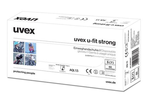 Vegyi kockázatok Egyszer használatos védőkesztyűk EN ISO 374-1:2016 / Type A EN ISO 374-1:2016 / Type A KLMNPT JKLOPST 60953 60962 uvex u-fit strong Megerősített és kifejezetten rugalmas, egyszer