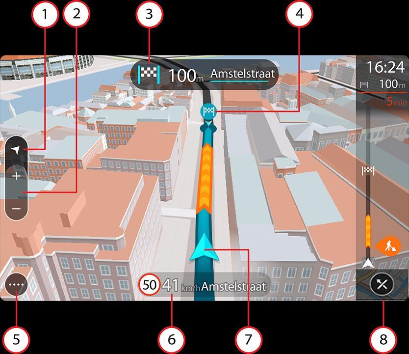 Tipp: Ha van tervezett útvonal, és a készüléken a 3D-s útmutatás nézet látható, a térkép nézetre váltáshoz és az interaktív funkciók használatához válassza a nézetváltás gombot. 1. Nézet gomb.
