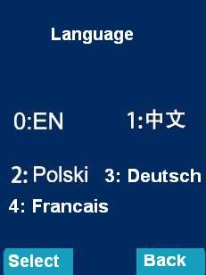 9. fejezet: Nyelv 1. A vagy a gombbal lépjen a "Language" menübe, majd nyomja meg a Select gombot. 2.