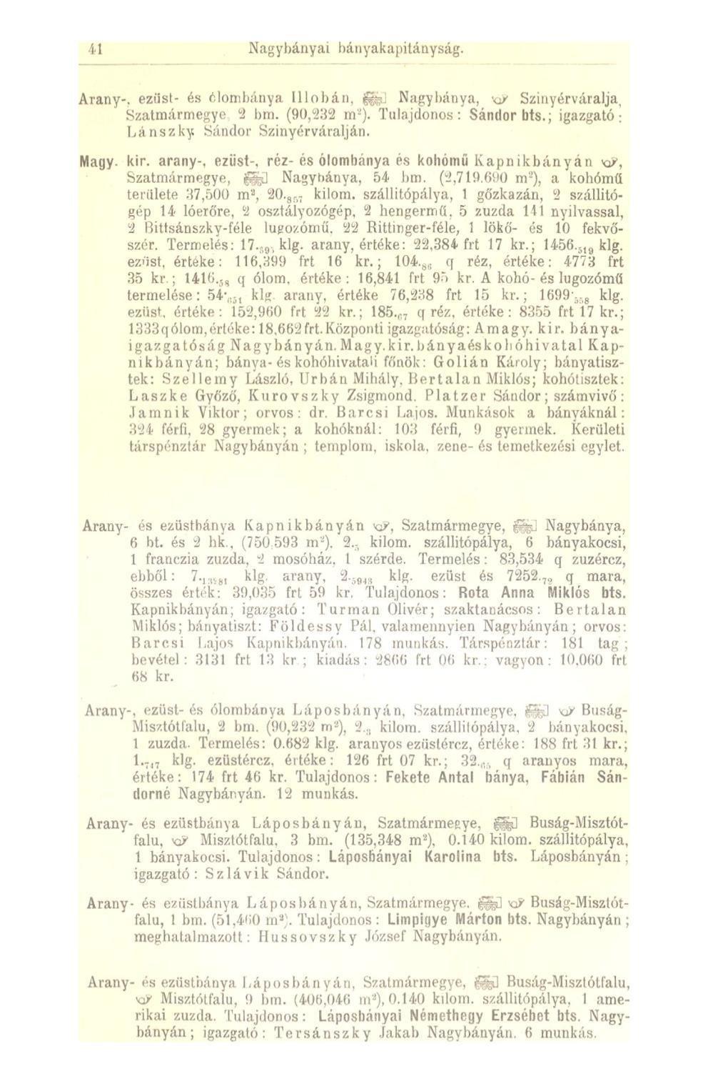 41 Nagybányai bányakapitányság' Arany-, ezüst- és ólombánya Illóban, fej Nagybánya, KP Szinyérváralja, Szatmármegye 2 bm. (90,232 m-). Tulajdonos: Sándor bts.