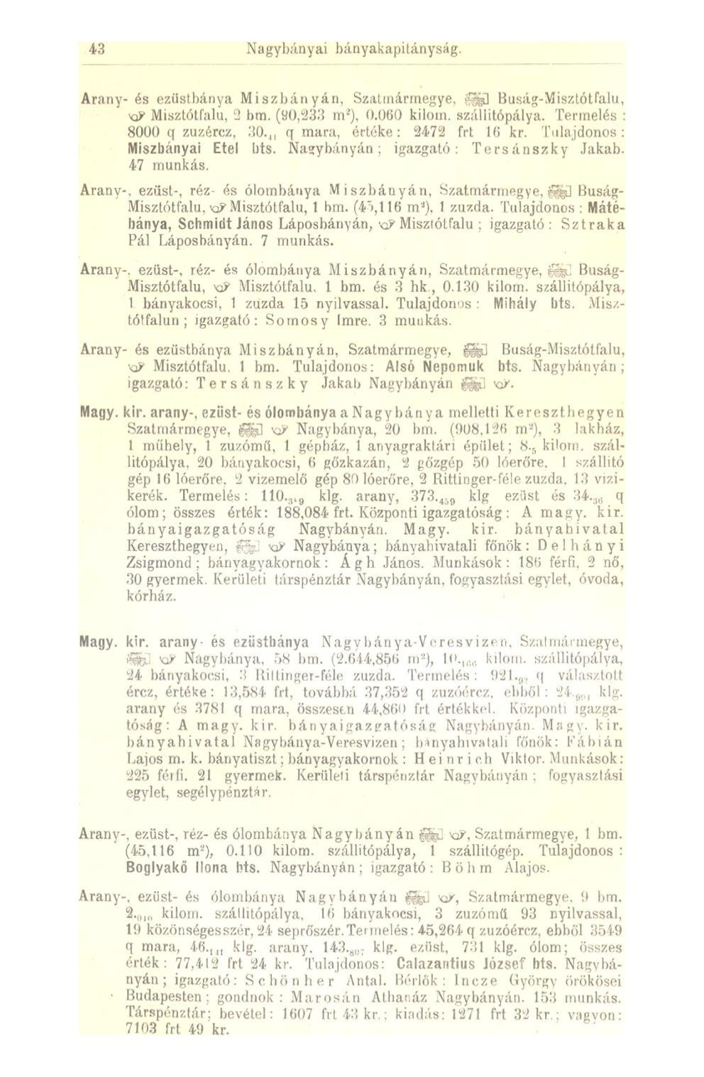 43 Nagybányai bányakapitányság. Arany-és ezüstbánya Miszbányán, Szatmármegye. ggj] Buság-Misztótfalu, xp Misztótfalu, 2 bm. (90,233 m 2 ), 0.060 kilom. szállitópálya. Termelés : 8000 q zuzércz, 30.