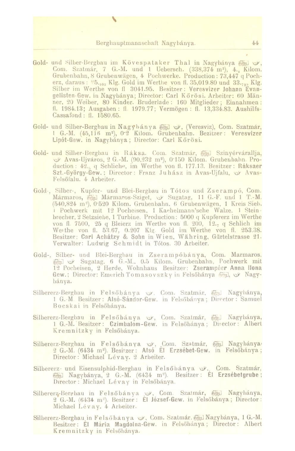 Berghauptmannsehaft Nagybánya. 44 Gold- und Silber-Bergbau im Kövespataker Thal in Nagybánya $*&J xp, Com. Szatmár, 7 G.-M. und l Uebersch. (338,374 in 8 }, 4., Kilom.