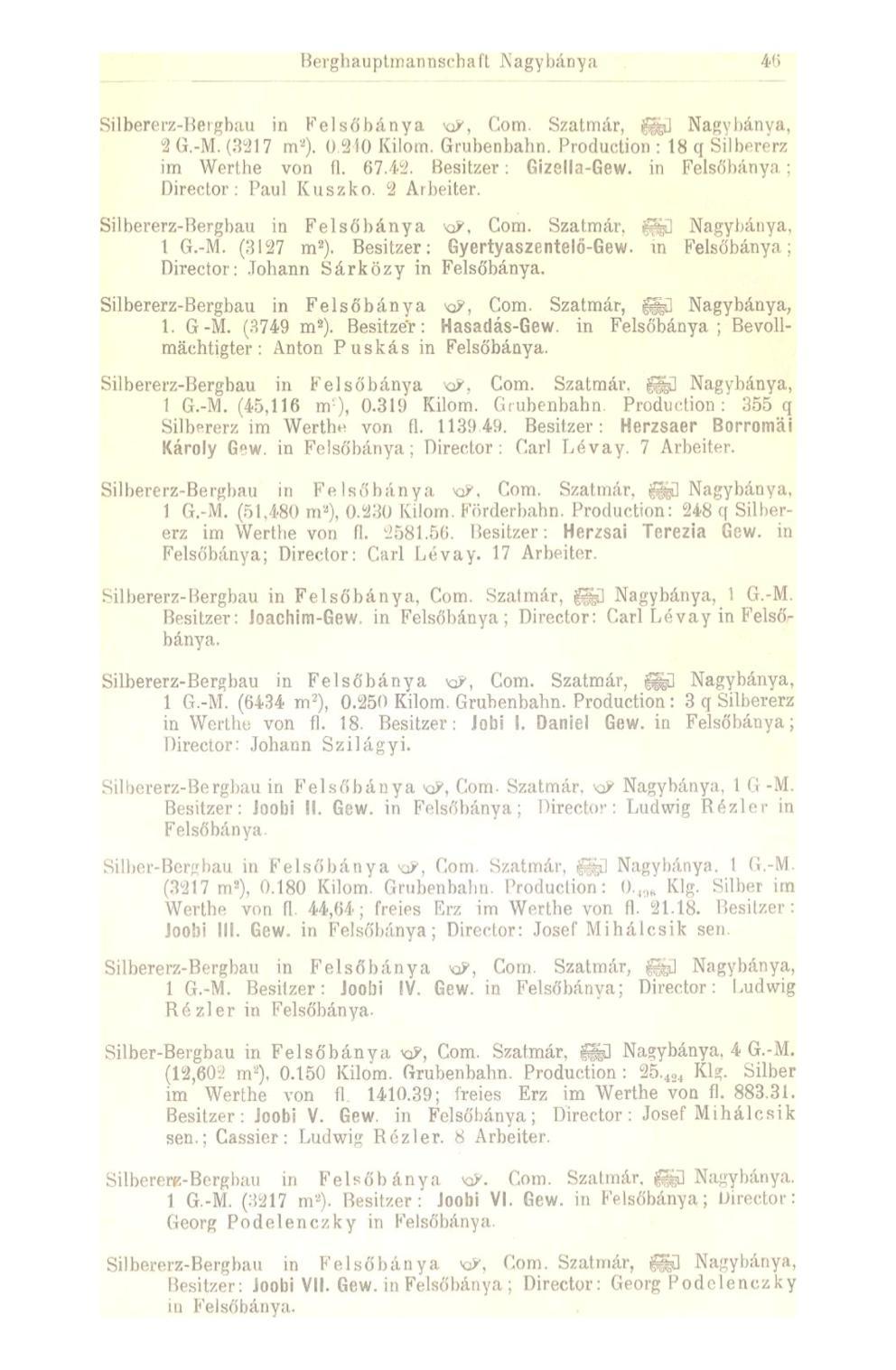 Berghauptmannsehaft Nagybánya 4h* Silbererz-Beigbau in Kel so'bánya <QF, Com. Szatmár, fed Nagybánya, 2 G.-M. (3217 m 2 ). 0 240 Kilom. Grubenbahn. Production : 18 q Silbererz im Werthe von II. 67.42.