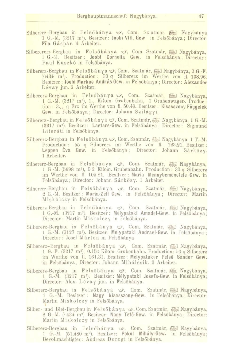 Berghauptmannsehaft Nagybánya. 47 Silbererz-Bergbau in Kel so bánya xi/\ Com. Sz nln:;ir. fe Nap) l.ánya 1 G.-M. (3217 m 2 ). Besitzer: Joobi VIM. Gew m Felsőbánya; Direetor Fila Gáspár 4 Arbeiter.