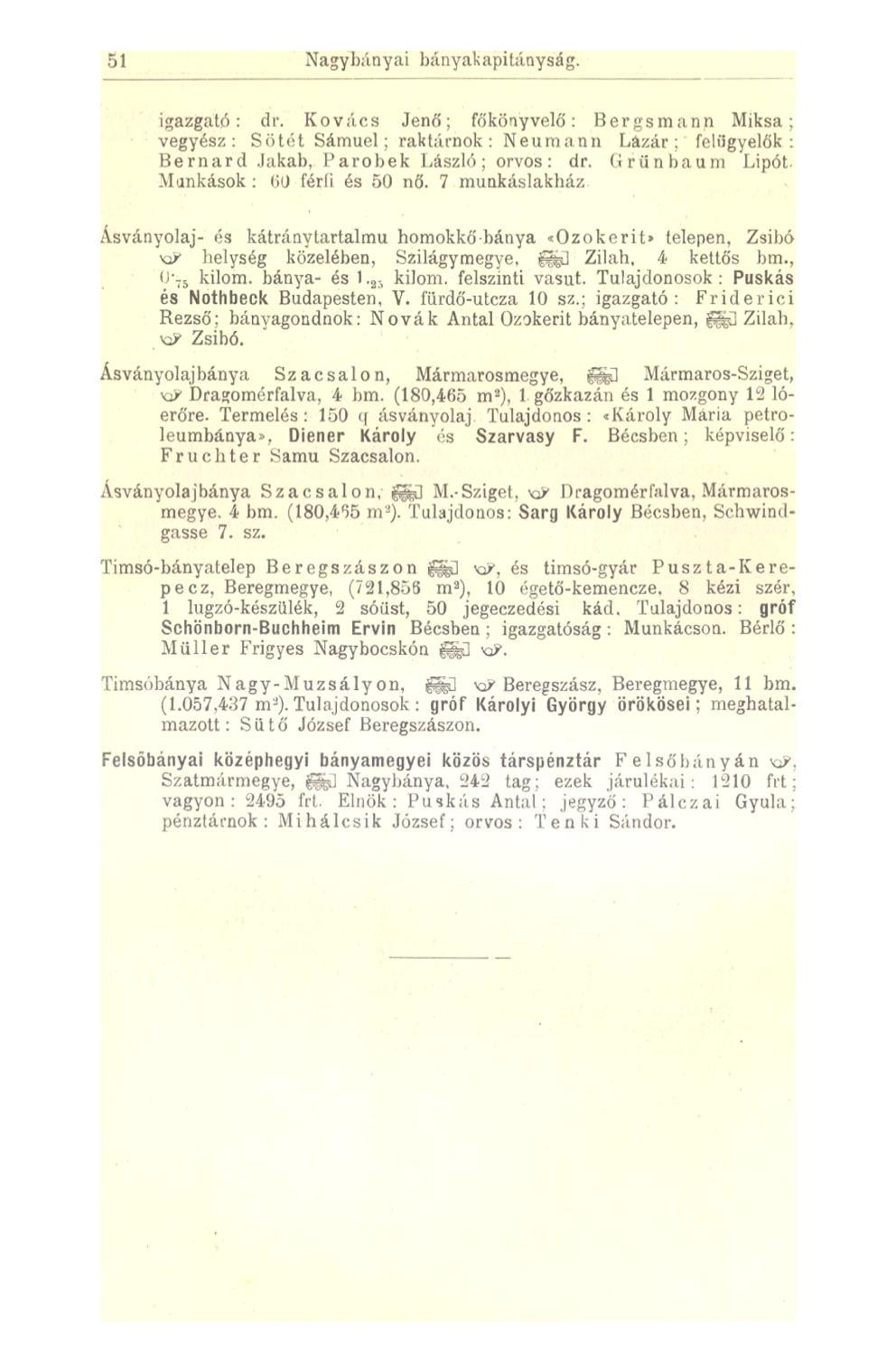 51 Nagybányai bányakapitányság. igazgató: dr. Kovács Jenő; főkönyvelő: Bergsmann Miksa; vegyész: Sötét Sámuel; raktárnok' Neumann Lázár; felügyelők: Bemard Jakab, Parobek László; orvos: dr.