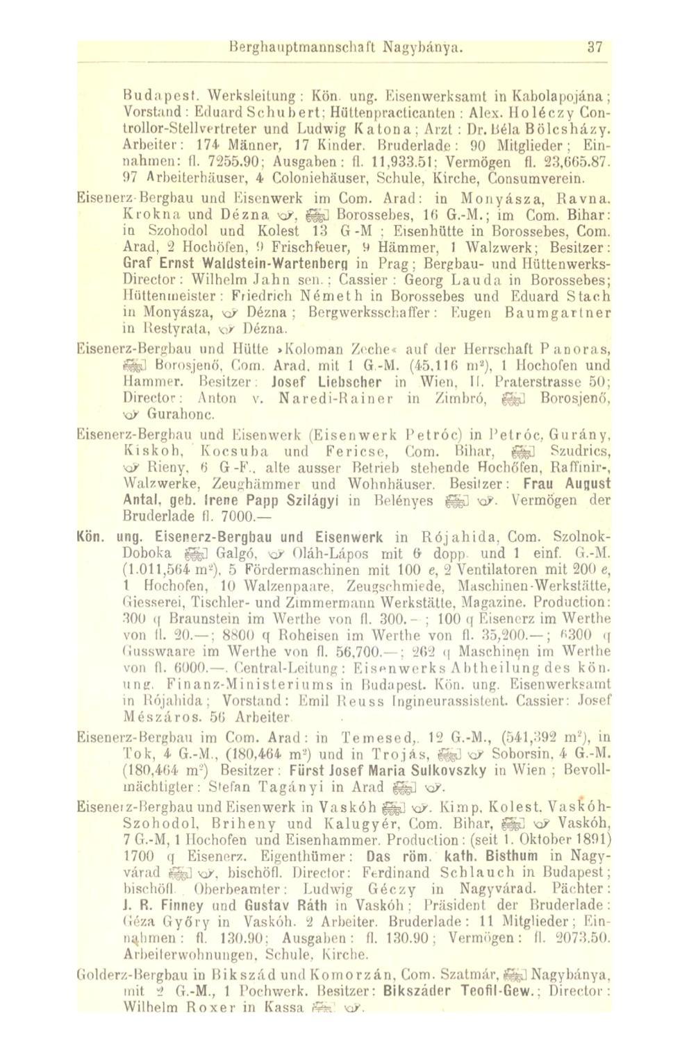 Berghauptmannsehaft Nagybánya. 37 Budapest. Werksleitung: Kön. ung.