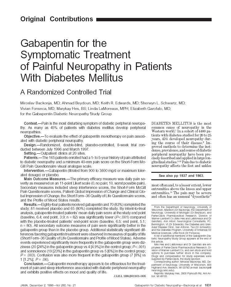 A gabapentin hatékonysága diabeteses neuropathiában Backonja et al.