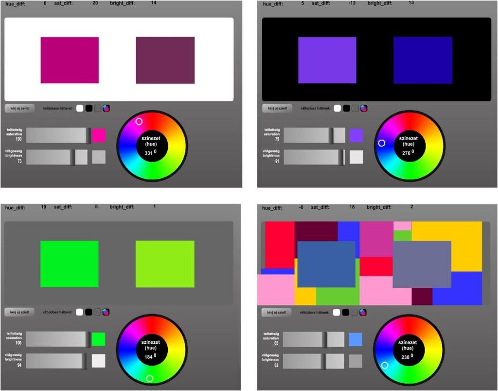 A színkeveréshez az ábrák alatt látható színkörből választható a színezetet (0 360 ), a színkörtől balra elhelyezett vízszintes sávban csuszkák segítségével növelhető vagy csökkenthető a telítettség