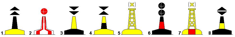 188. Jelölje meg, hogy az ábrán látható jelek közül, melyikkel jelzik tavon a hajózható vizek által határolt különálló veszélyes helyeket? (1 pont) a) 1. b) 5. c) 6. 189.