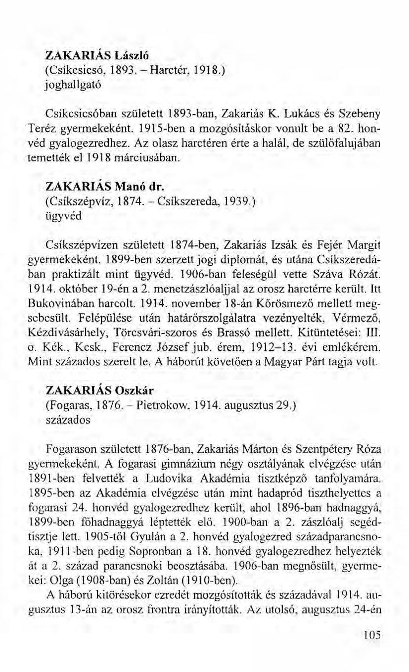 ZAKARIÁS László (Csíkcsicsó, 1893. - Harctér, 1918.) joghallgató Csíkcsicsóban született 1893-ban, Zakariás K. Lukács és Szebeny Teréz gyermekeként. 1915-ben a mozgósításkor vonult be a 82.