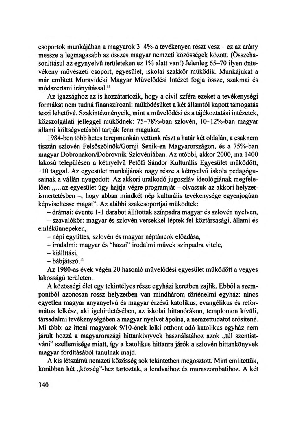 csoportok munkájában a magyarok 3-4%-a tevékenyen részt vesz - ez az arány messze a legmagasabb az összes magyar nemzeti közösségek között. (Összehasonlításul az egynyelvű területeken ez 1% alatt van!