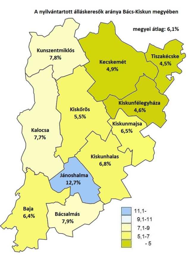 Kunszentmiklós 7,8 7,8 9,5 Tiszakécske 4,5 4,5 6,3 Jánoshalma 12,7 13,0 15,4 Összesen 6,1 6,1 7,4 a/ Nyilvántartott álláskeresők aránya = a nyilvántartott álláskeresők száma a tárgyidőszakot megelőző