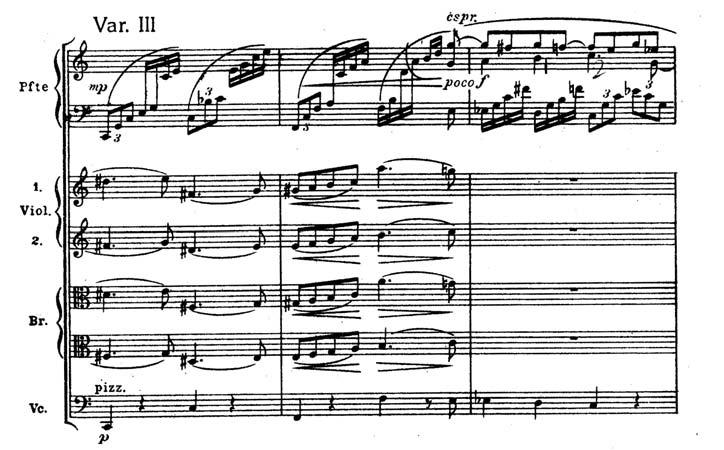 variációban ismét félreérthetetlen a célzás: Dohnányi ezúttal Brahms álarcát öltötte magára, az ihletet pedig talán Brahms B-dúr zongoraversenyének utolsó tétele