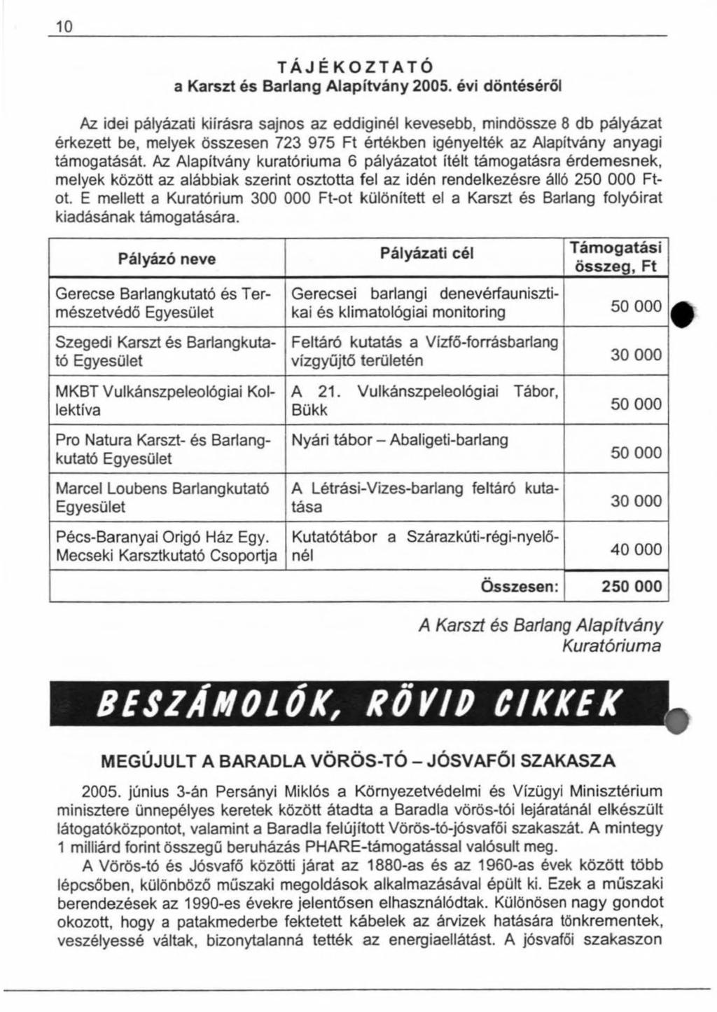 10 TÁJÉKOZTATÓ a Karszt és Barlang Alapítvány 2005.