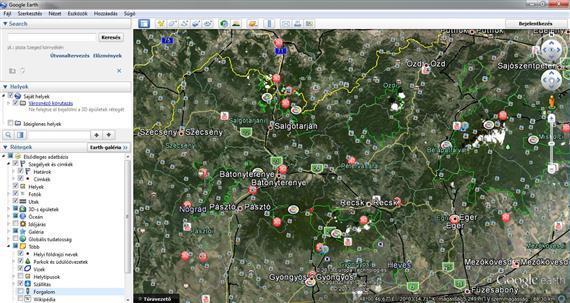2.11. ábra: A Google Earth (Google Föld) ablaka különböző rétegekkel és oldalsávval 2.12. ábra: A mintaterület megfelelően beállított műholdas képe (Google Earth) 3.4.
