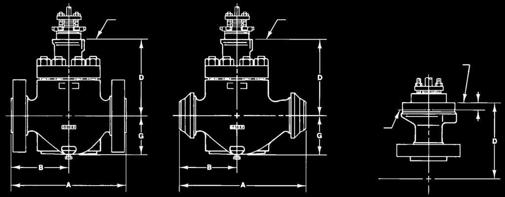 Gyártmányismertető HP szelep 8. ábra: Egyenes átömlésű szelepméretek standard szelepfedéllel (lásd még: 4., 5., 6. és 8.