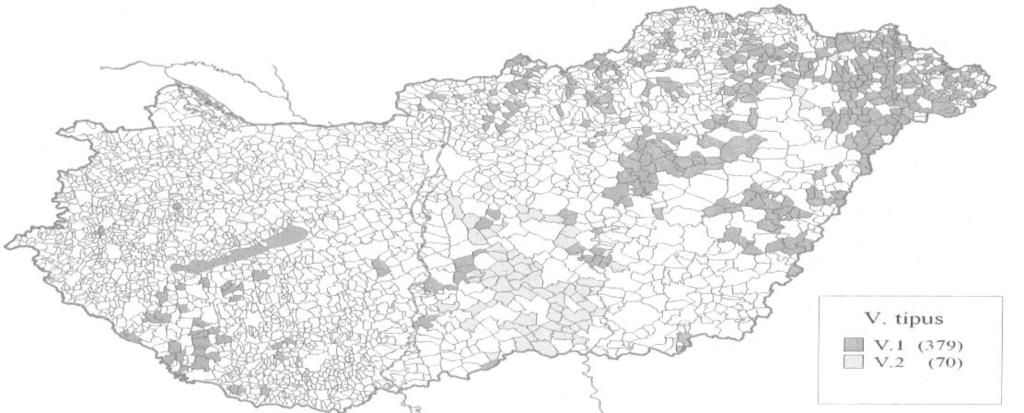 V. típus: Kedvezőtlen munka-erőpiaci helyzetű, közepes méretű falvak, esetenként jelentős agrárszerepkörrel ill. külterületi lakossal Hagyományos falvak V/1.
