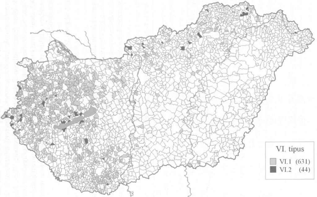 VI. típus: Jó munkaerő-piaci helyzetű, stabil társadalmú kisfalvak, lakó és idegenforgalmi szerepkörrel VI.1.