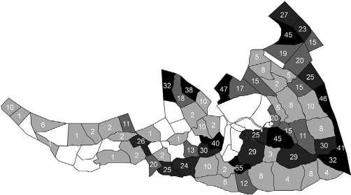 A közönséges orgona irtásának tapasztalatai a Budai Sas-hegy Természetvédelmi Területen 16. ábra. A közönséges orgona százalékos borítási aránya a 2011-es kezelések előtt.