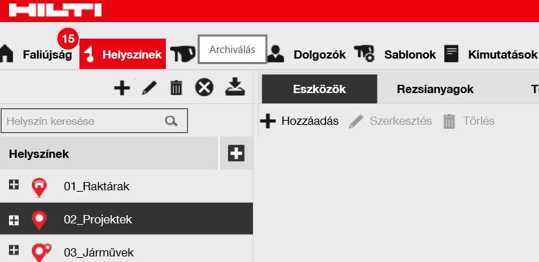 3.5 HELYSZÍNEK HELYSZÍN ARCHIVÁLÁSA A szükségtelenné vált helyszíneket az alábbi módon archiválhatja. 1. Kattintson a Helyszínek gombra a főmenüben. 2. Kattintson az archiválni kívánt helyszínre. 3.