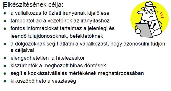 megfogalmazása Operatív tervek feladatok, programok kidolgozása Az üzleti terv elkészítésének célja Milyen a jó üzleti