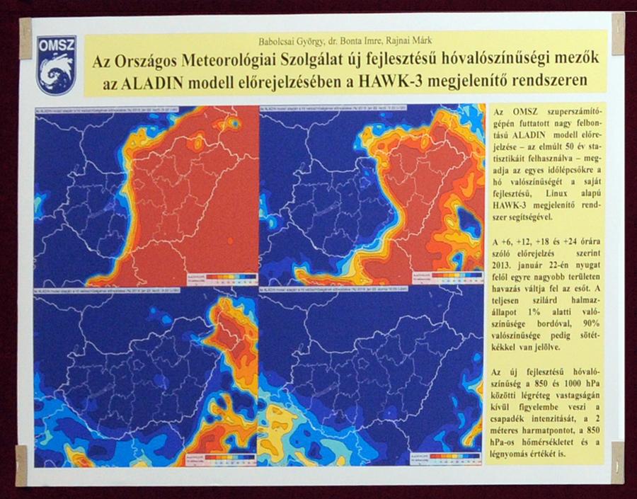 [6]2. díj Országos Meteorológiai Szolgálat: OMSZ új fejlesztésű valószínűség mezői az ALADIN modell előrejelzésében az OMSZ által fejlesztett megjelenítő rendszer segítségével.