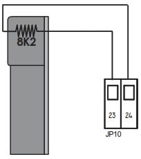 3.7.3 8k2 Típusú zárási BIZTONSÁGI SZEGÉLY (Kapcsolja le az áramot az eljárásban előtt) FIGYELEM! A 8k2 biztonsági szegély vezetékeit, JP10 csatlakozó 23-24 pontjaira kell kötni.
