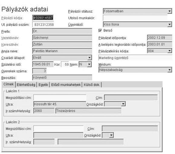 4. Toborzáskezelı alrendszer: A szoftver korszerő megoldásainak köszönhetıen sztenderd módon megvalósítható a szervezet egészére kiterjedı pályázói adatkezelés.