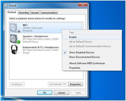 3. USB dokkoló megjelenítő Bevezetés 2. Jobb gombbal kattintson az 231P4U USB Audio elemre, majd kattintson az Engedélyezés elemre. USB-kábel használatával a megjelenítő és a laptop USB 3.