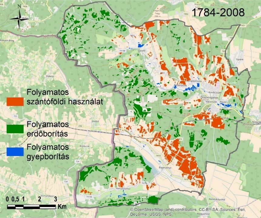 61. ábra: A stabil felszínborítású területek (1784-2008) Alaptérkép: OpenStreetMaps (2017) A lépcsőzetes változási folyamatok 86%-át a szántók erdővé alakulása adja a 19.