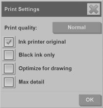 Print-quality settings for printing from a file 1. Press the Print tab. Basic Operations 2. Press the Settings button. The Print Settings dialog box appears: 3.